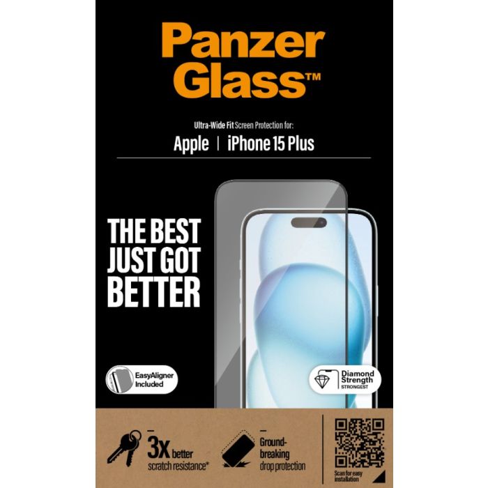 PanzerGlass - Tvrdené sklo UWF s aplikátorom pre Apple iPhone 15 Plus, čierna