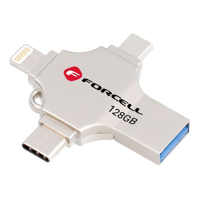 FORCELL F-DATA pendrive Metal Quad 128GB USB3.2 Gen 1 (USB A / Type C / Lightning / Micro USB) silver
