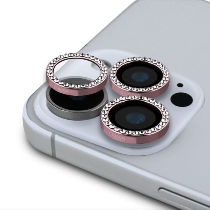 Ochranné sklo na fotoaparát Guess Fixed Glliter Lens Protection Apple iPhone 16 Pro/16 Pro Max GUCL163SGGS ružové
