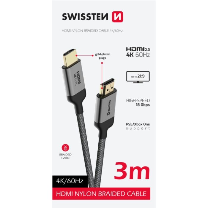 SWISSTEN Nylon HDMI kábel,  4K 60Hz, 3m, čierny