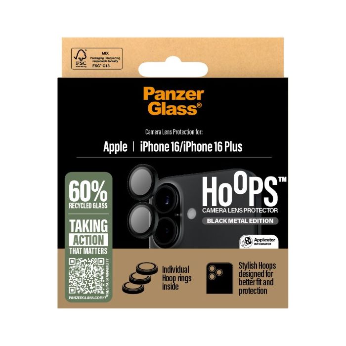 PanzerGlass - Ochranný kryt objektívu Hoops pre Apple iPhone 16/16 Plus, čierna