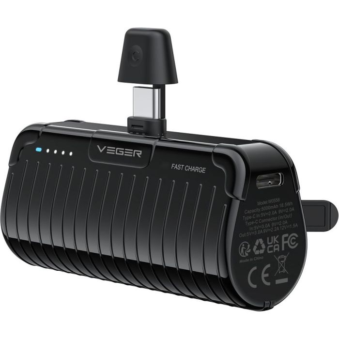 VEGER W0558 PlugOn Powerbanka, 5000mAh, USB-C PD QC3.0 3A 20W, čierna
