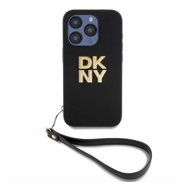Obal DKNY PU Leather Stack Logo Wrist Strap Apple iPhone 15 Pro DKHCP15LPBSWSK čierny