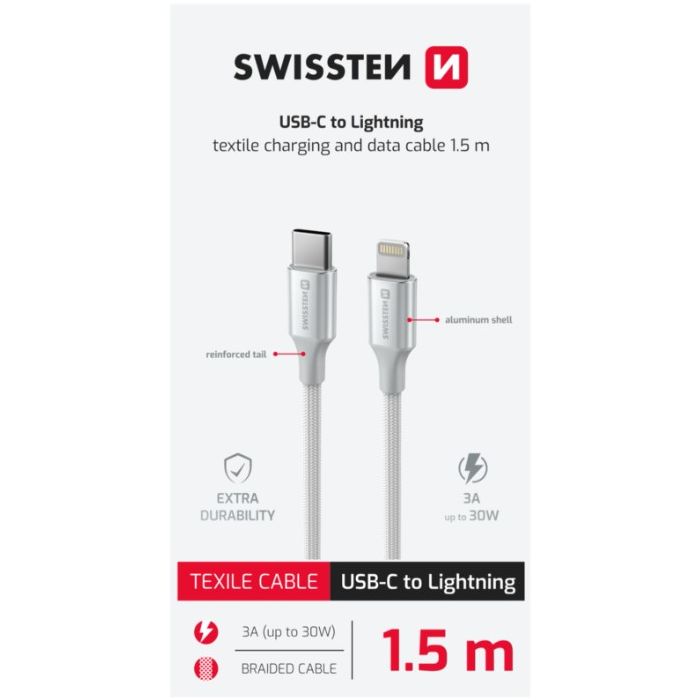 SWISSTEN TEXTILE II USB-C/Lightning 30W 3A 1,5m biely