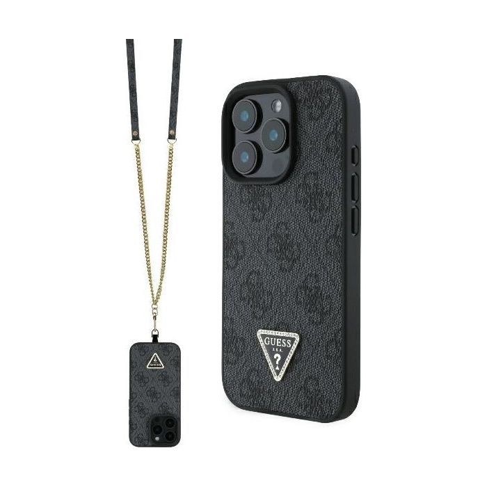 Obal Guess PU 4G Strass Triangle Metal Logo + Crossbody Apple iPhone 16 Pro GUHCP16LP4TDSCPK Black