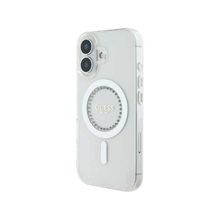 Obal Guess IML Rhinestones Ring MagSafe Apple iPhone 16 GUHMP16SPFTDTEH White
