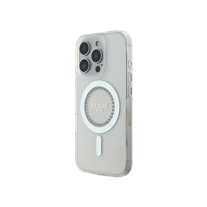 Obal Guess IML Rhinestones Ring MagSafe Apple iPhone 16 Pro GUHMP16LPFTDTEH White
