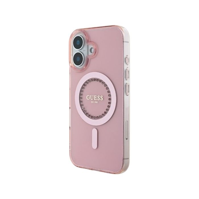 Obal Guess IML Rhinestones Ring MagSafe Apple iPhone 16 GUHMP16SPFTDTEP Pink