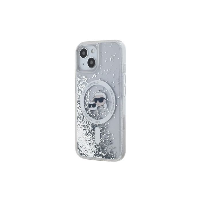 Obal Karl Lagerfeld Liquid Glitter Karl and Choupette Heads MagSafe Apple iPhone 15 KLHMP15SLGKCSGH Transparent